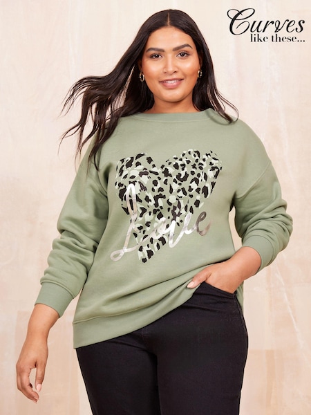 Curves Like These Khaki Green Love Heart Jersey Sweatshirt (E32812) | $47