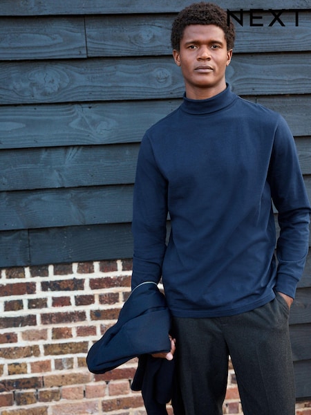 Navy Blue Roll Neck Essential Long Sleeve 100% Cotton T-Shirt (E32845) | 29 QAR