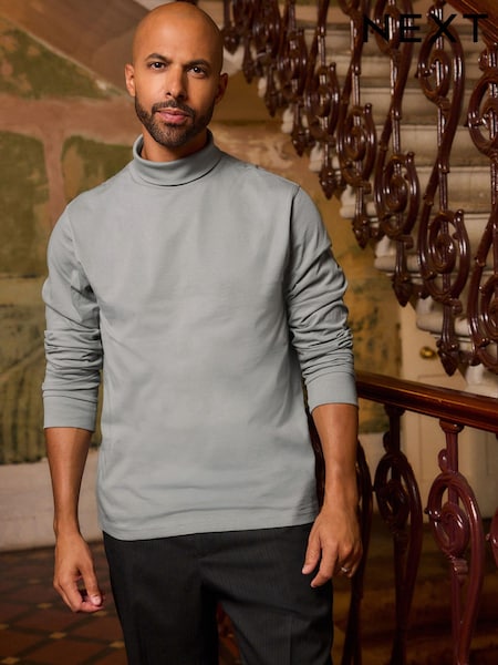 Grey Roll Neck Essential Long Sleeve 100% Cotton T-Shirt (E32846) | 29 QAR