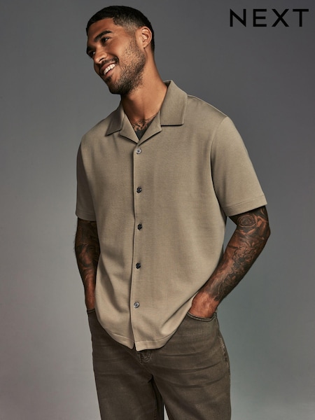 Neutral Stone Relaxed Fit Smart Cuban Collar Jersey Shirt (E32854) | €22