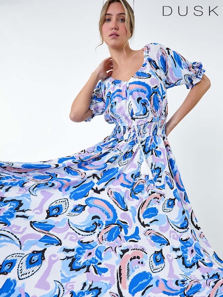 Dusk Blue Shirred Waist Abstract Print Maxi Dress (E32898) | AED131