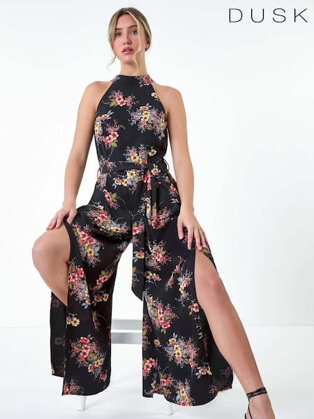 Dusk Black Floral Halter Neck Side Split Jumpsuit (E32903) | €30