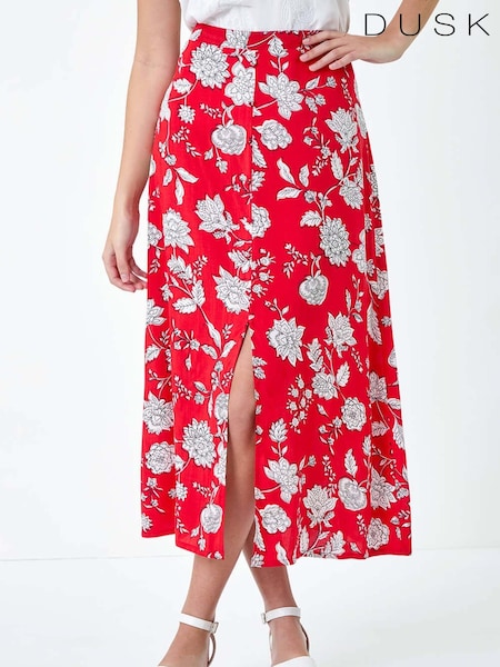 Dusk Red Floral Button Detail Midi Skirt (E32920) | ₪176
