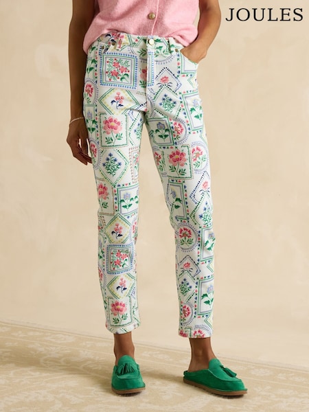 Joules Cream Tile Print Straight Fit Mid Rise Jeans (E32951) | €91
