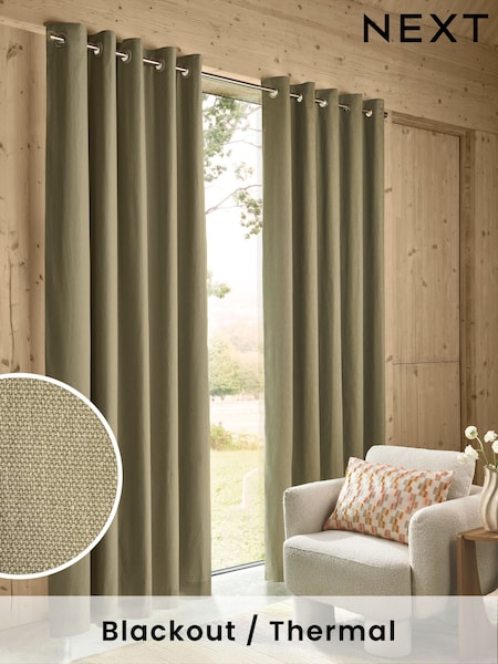 Green Khaki Blackout/Thermal Cotton Eyelet Curtains (E33200) | R$ 390 - R$ 1,030
