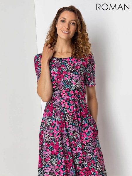 Roman Pink Floral Print Belted Skater Dress (E33233) | $78