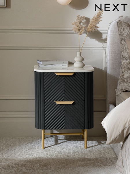 Black Valencia Marble and Mango Wood 2 Drawer Bedside Table (E33279) | €430