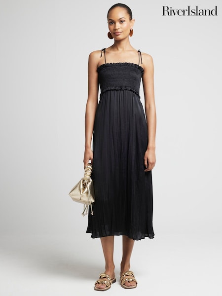 River Island Black Crinkle Shirred Midi Dress (E33297) | €31