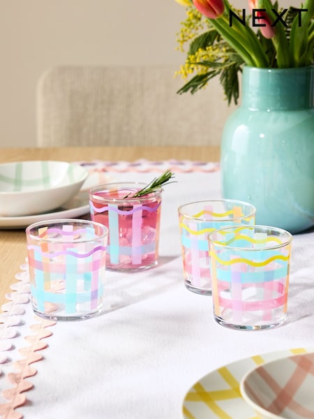 Set of 4 Multi Check Tumbler Glasses (E33343) | $36