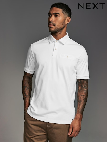 White Geo Flocked 100% Cotton Short Sleeve Smart Collar Polo Shirt (E33352) | €19.50