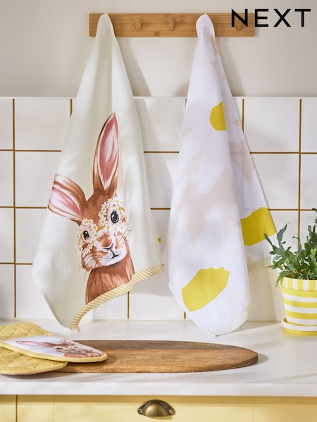 Set of 2 Yellow Easter Bunny Daisy Print Tea Towels (E33359) | $19