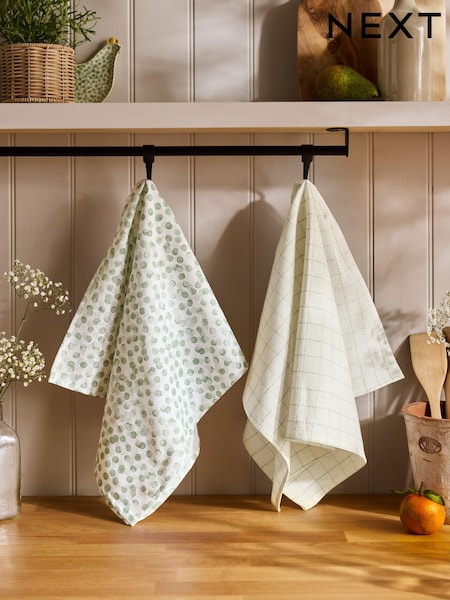 Set of 2 Sage Green Spot and Check 100% Cotton Tea Towels (E33363) | €13