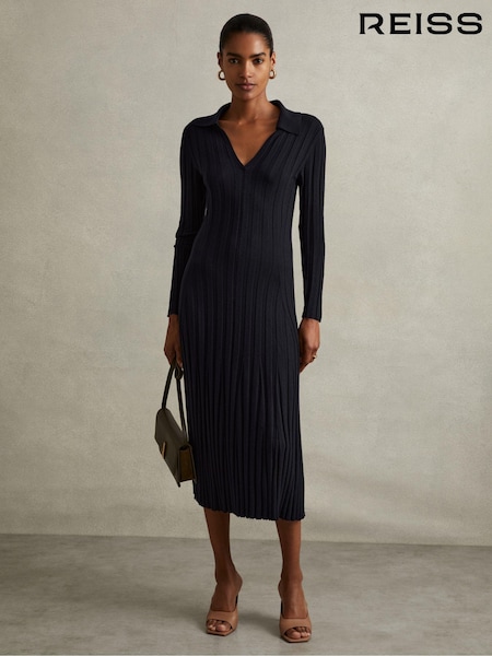 Reiss Navy Winnie Knitted Open-Collar Midi Dress (E33459) | €95