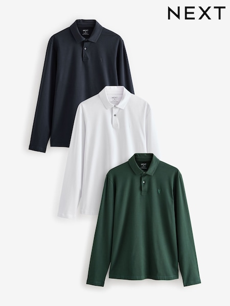 Blue/green/ecru Slim Fit Long Sleeve Jersey Polo Shirts 3 Pack (E33488) | €28