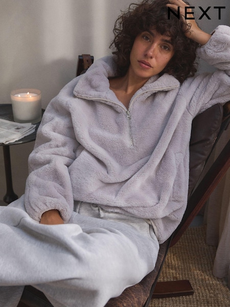 Grey Faux Fur Half Zip Top (E33535) | $43