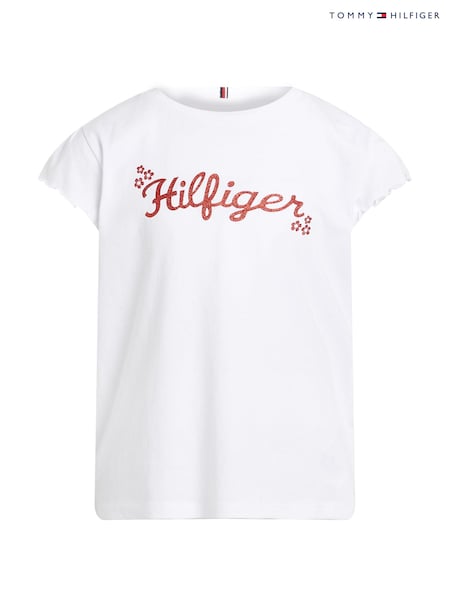 Tommy Hilfiger White Regular Fit Flower Glitter 100% Cotton T-Shirt (E33546) | €14 - €17