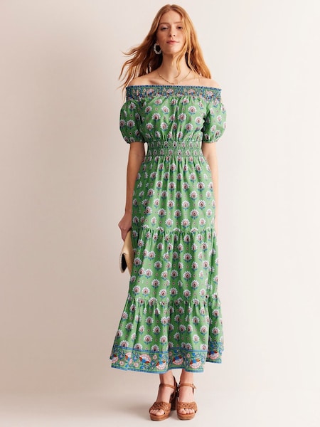 Boden Green 100% Cotton Midi Smocked Dress (E33565) | €83