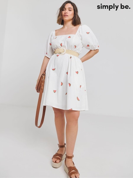 Simply Be White Embroidered Fruit Skater 100% Cotton Dress (E33669) | 104 QAR