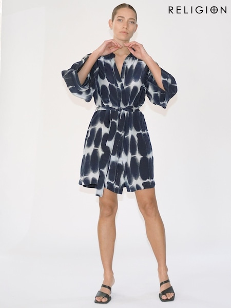 Albastru - Cămașă Religion Tunică Rochie Cu Mâneci Kimono în Imprimeu Floral Luminos (E33826) | 375 LEI