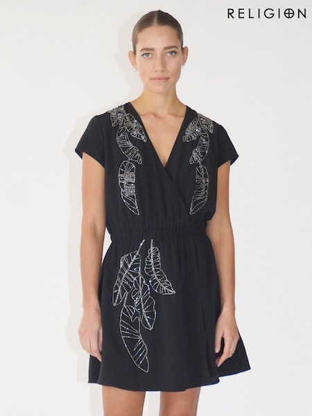 Religion Black Sensation Wrap Mini Dress With Gunmetal Beaded Motif (E33829) | €72