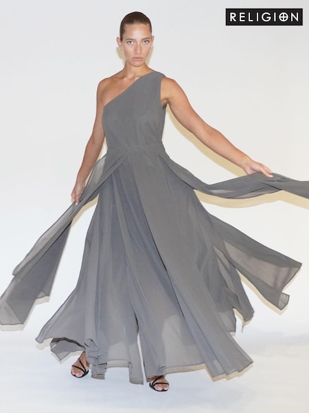Religion Brown One Shoulder Maxi Dress With Full Skirt (E33830) | €76