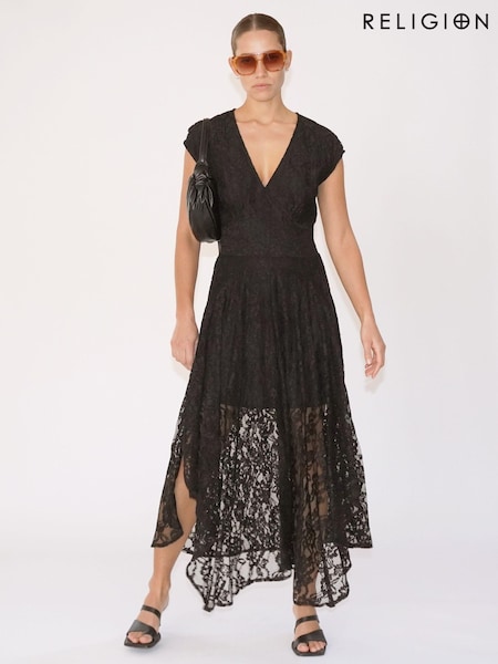 Religion Black Lace Lily Dress With Handkerchief Hem And Cap Sleeves (E33832) | €76
