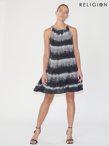 Religion Black Halterneck Mini Dress in Tie Dye Stripe With Drawstring (E33834) | 203 QAR