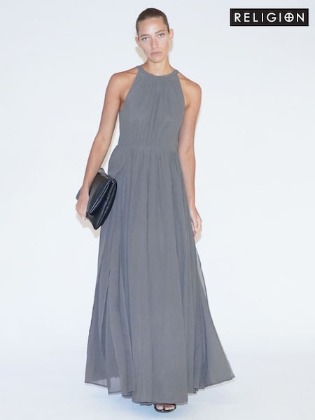 Religion Grey Dusk Halter Neck Maxi Dress With Full Skirt (E33837) | 247 QAR