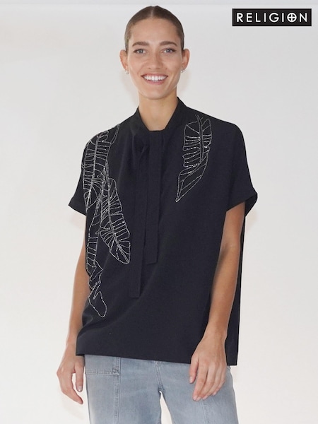 Negru - Religion Oversized Sensation Bluze Cu Motiv cu margele din Gunmetal (E33845) | 265 LEI