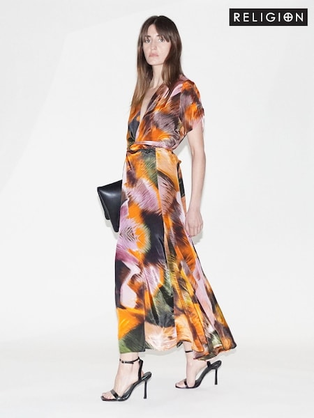 Religion Orange Delight Wrap Dress With Full Skirt (E33846) | 309 QAR