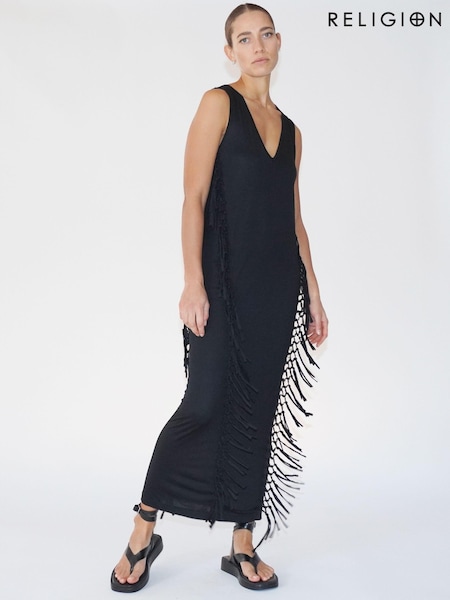 Negru - Religion Flourish Maxi Jersey Rochie Cu Noduri Și Cuciucuri (E33852) | 326 LEI