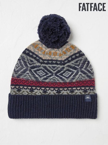 FatFace Navy Textured Fairisle Pattern Bobble Hat (E33862) | €18