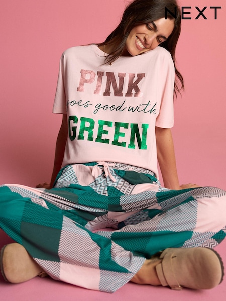 Pink Wicked Slogan 100% Cotton Short Sleeve Pyjamas (E33963) | €31