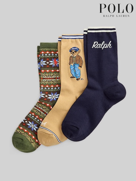 Brown - Polo Ralph Lauren Bear Crew Socks 3 Pack