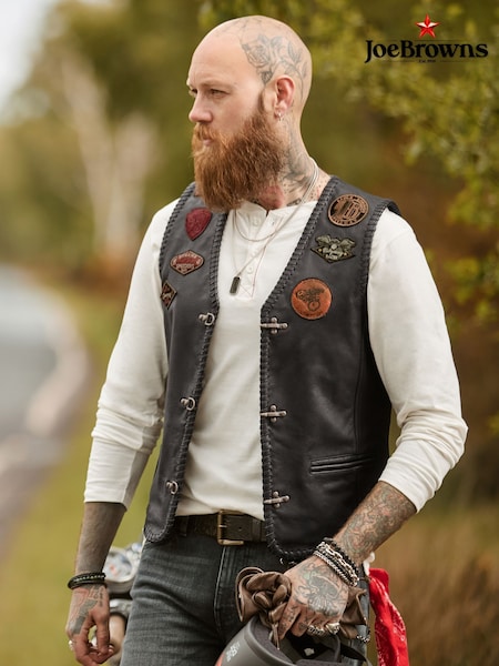 Black - Regular Joe Browns Badged Up Leather Waistcoat