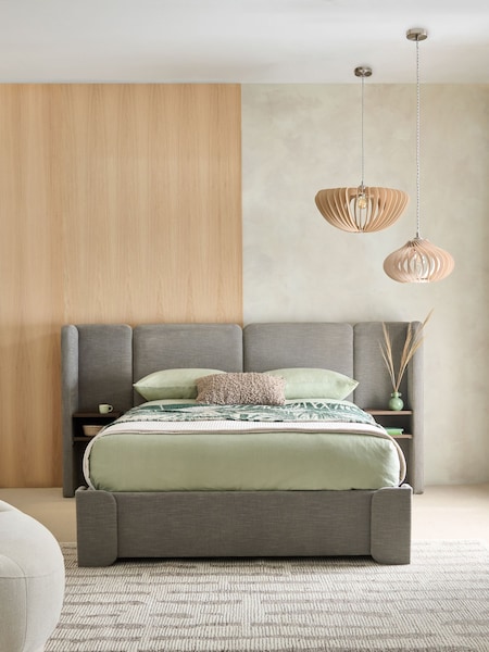 Soft Texture Dark Warm Grey Wynn Upholstered Ottoman Storage Hotel Bed Frame With Bedside Tables and Lights (E34143) | €1,425 - €1,550
