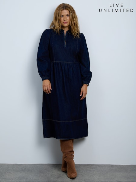 Blå - Live Unlimited Denim Front Zip Midi Dress