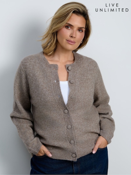 Brown - Live Unlimited Oatmeal Wool Blend Ribbed Detail Cardigan