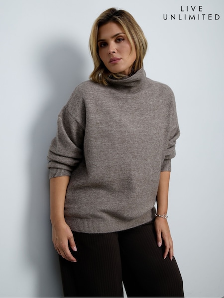 Grey - Live Unlimited Oatmeal Wool Blend Turtle Neck Knitted Jumper