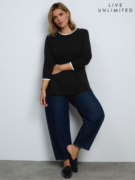 שחור - Live Unlimited Contrast Crew Neck Cotton Slub Long Sleeve Top