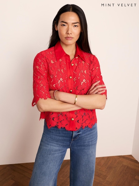 Red - Mint Velvet Lace Short Sleeve Cropped Shirt