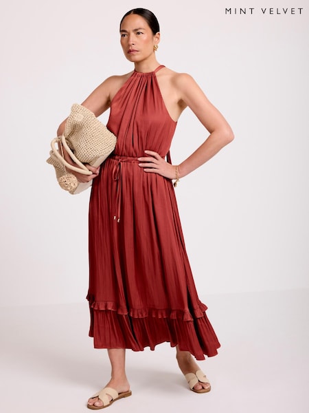 Brūna krāsa - Mint Velvet satīna haltera maksi kleita