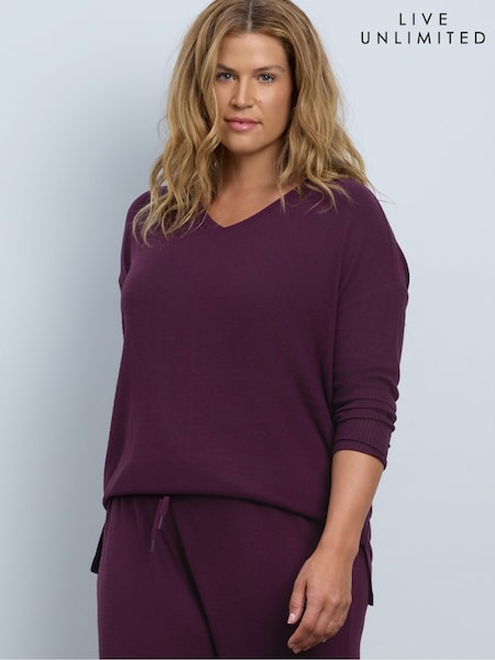 Purple - Live Unlimited Plum Supersoft V-neck Ribbed Sleeve Top