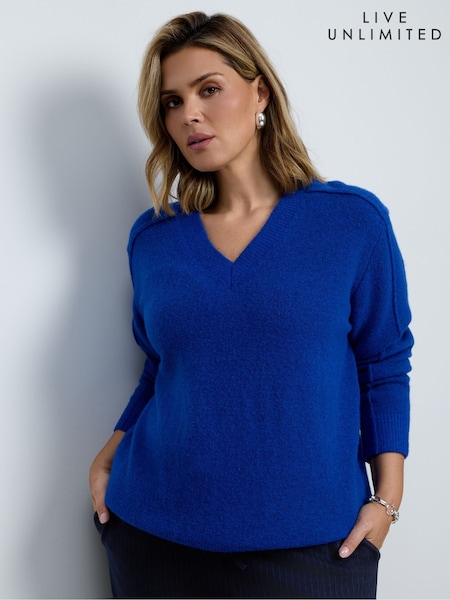 Blue - Live Unlimited Wool Blend V-neck Knitted Jumper