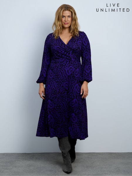 Purple - Live Unlimited Abstract Print Jersey V-neck Maxi Dress