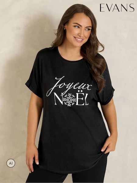 أسود - Evans Joyeux Noel Embellished Christmas T-shirt