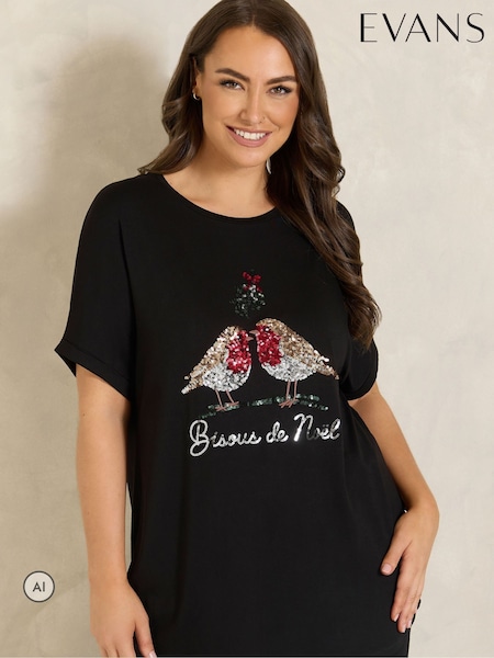ブラック - Evans Sequin Embellished Robins T-shirt