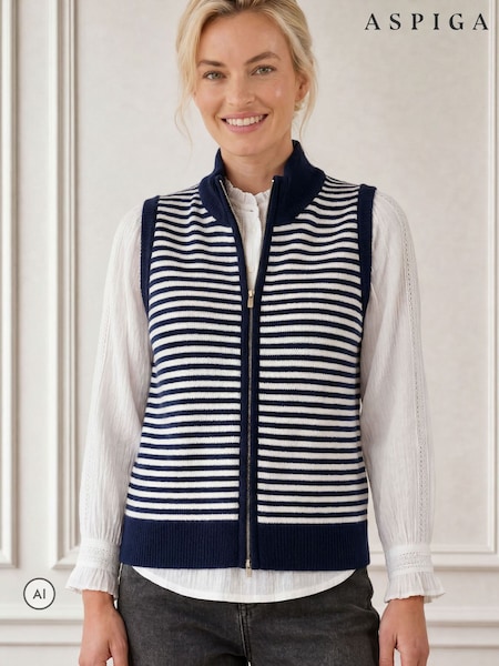 Blue - Aspiga Merino Wool Stripe Zip Through Gilet