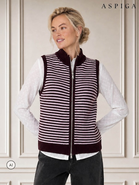 Red - Aspiga Merino Wool Stripe Zip Through Gilet