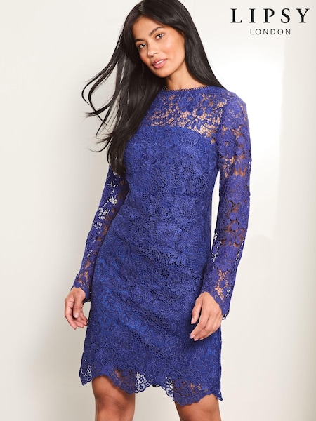 Lipsy Blue Petite Premium Lace Long Sleeve Mini Dress (E35254) | €107